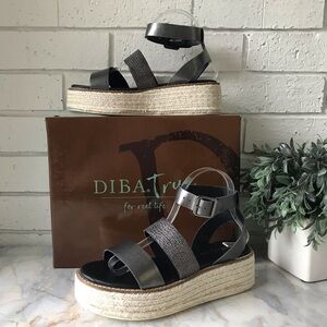 Leather Espadrille Wedge Sandal Gunmetal Black Diba True Day Line New